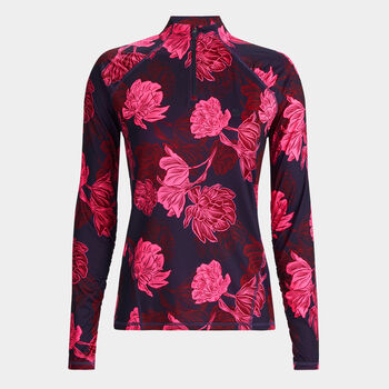 CONTRAST STAMPED FLORAL TECH JERSEY RUCHED QUARTER ZIP PULLOVER