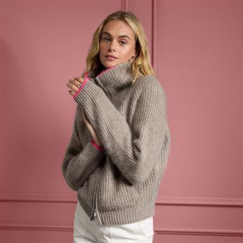 FUNNEL NECK BRUSHED CASHMERE FULL ZIP JUMPER